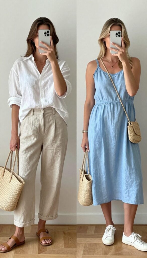 Two women in matching light and airy summer outfits taking a mirror selfie, one in white linen shirt and beige trousers, the other in a light blue linen dress, with sandals and sneakers.
