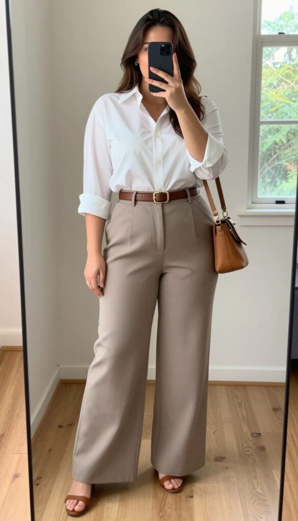 Plus-size woman in a white button-down shirt tucked into high-waisted wide-leg beige pants, with a brown belt and heeled boots, taking a mirror selfie in a bright room.