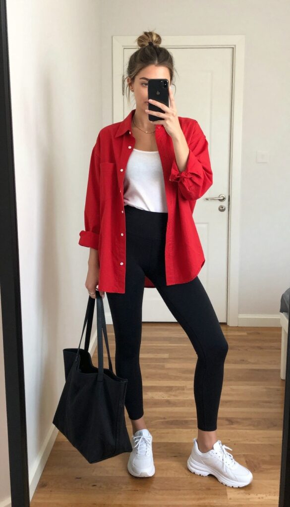 Woman in oversized red shirt and black leggings taking a mirror selfie, phone partially covering face, chunky sneakers and tote bag visible.