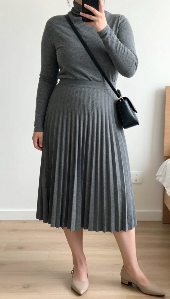 A woman in a charcoal turtleneck tucked into a pleated midi skirt, standing in a mirror selfie pose, holding a phone, with a structured crossbody bag.