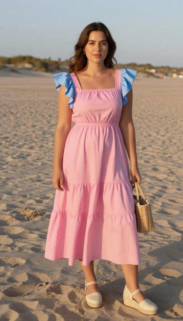 Young woman with wavy brown hair wearing millennial pink dress with sky blue flounce sleeves, espadrille wedges, and rattan bag on beach at sunset.