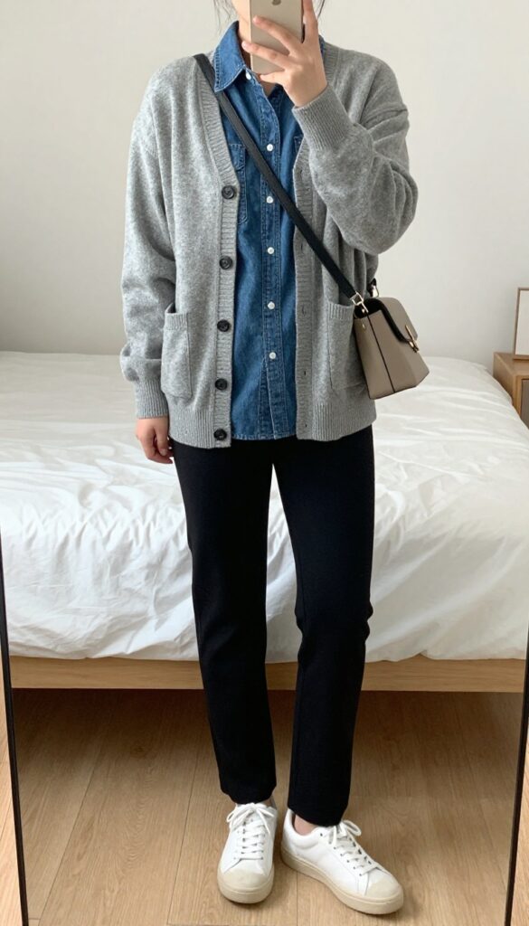 Woman in heather gray cardigan, denim shirt, black leggings, white sneakers, and crossbody bag, taking a mirror selfie in bedroom.