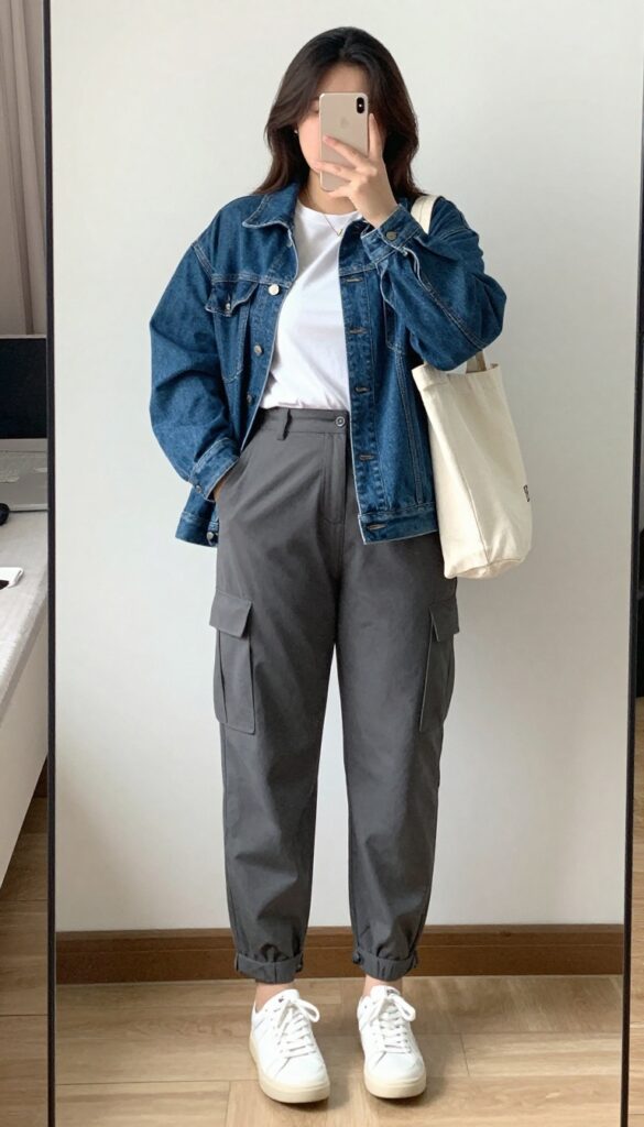 A woman in grey cargo pants, white fitted tee, and oversized denim jacket, standing in a mirror selfie pose, holding a phone partially covering her face, with white sneakers and a canvas tote.