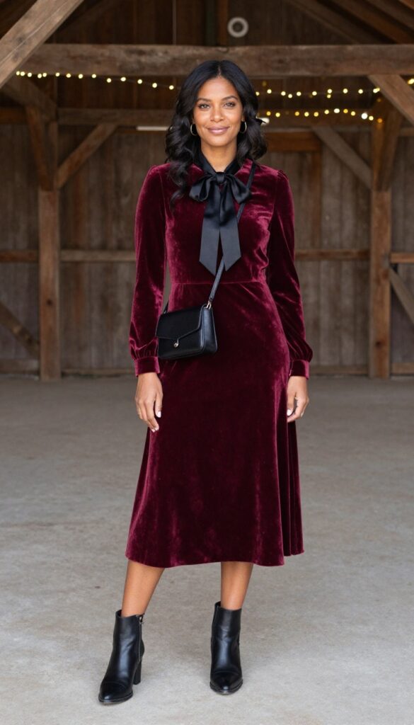 Young woman with medium brown skin wearing deep burgundy velvet midi dress with black satin bow collar, black ankle boots, and black crossbody bag, standing in rustic barn with fairy lights.
