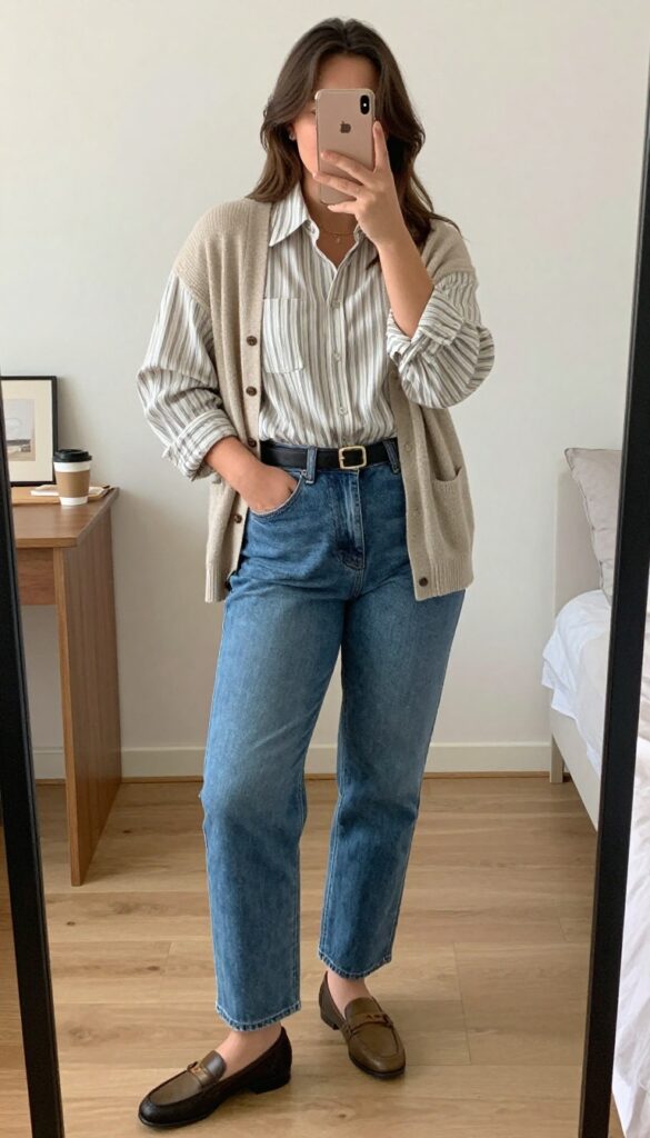 Woman in striped button-down, cardigan, and straight-leg jeans, posing in a mirror selfie.