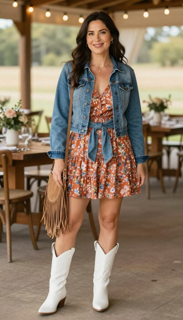 Woman in floral tiered mini dress with white cowboy boots and denim jacket at rustic outdoor wedding venue