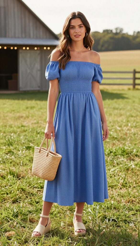 Woman in blue gingham off-shoulder dress with espadrilles and basket bag at outdoor country wedding