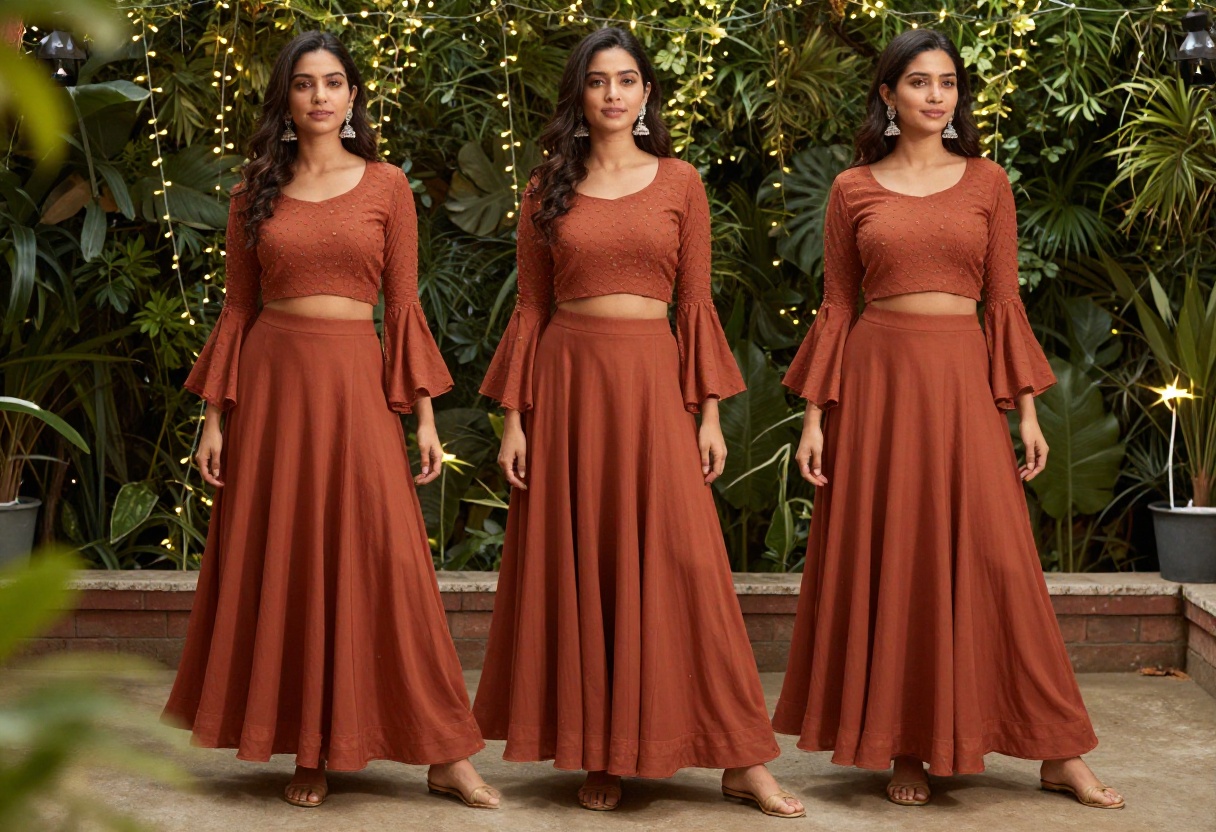 Woman in boho Indian wedding outfit with rust lehenga and cropped blouse in garden