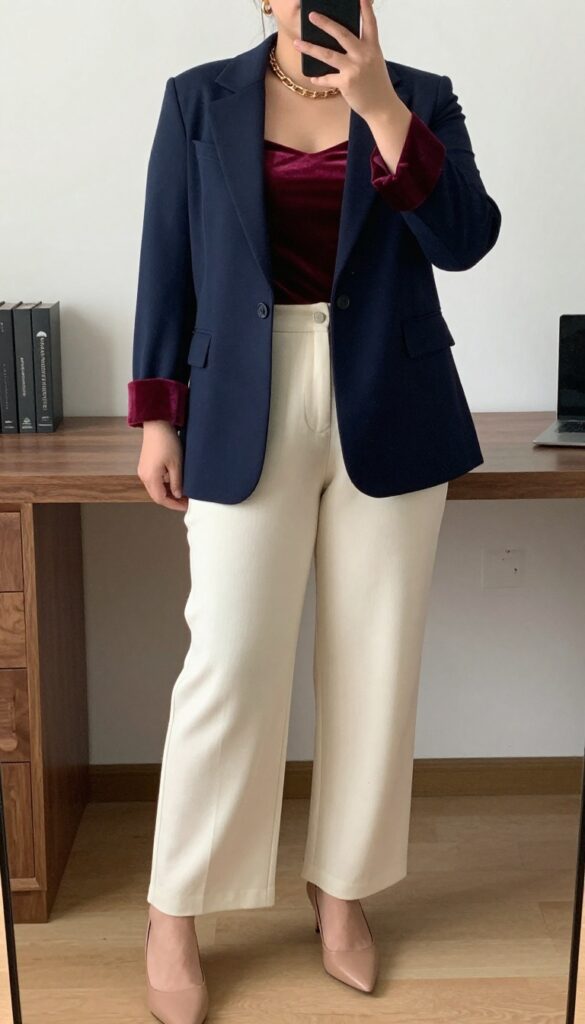 Woman in navy blazer, velvet cami, and cream wide-leg pants taking a mirror selfie in bedroom, phone partially covering face.