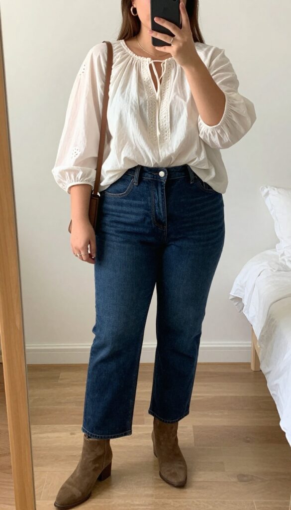 Woman in embroidered blouse, cropped blazer, and straight-leg jeans, posing in mirror selfie.