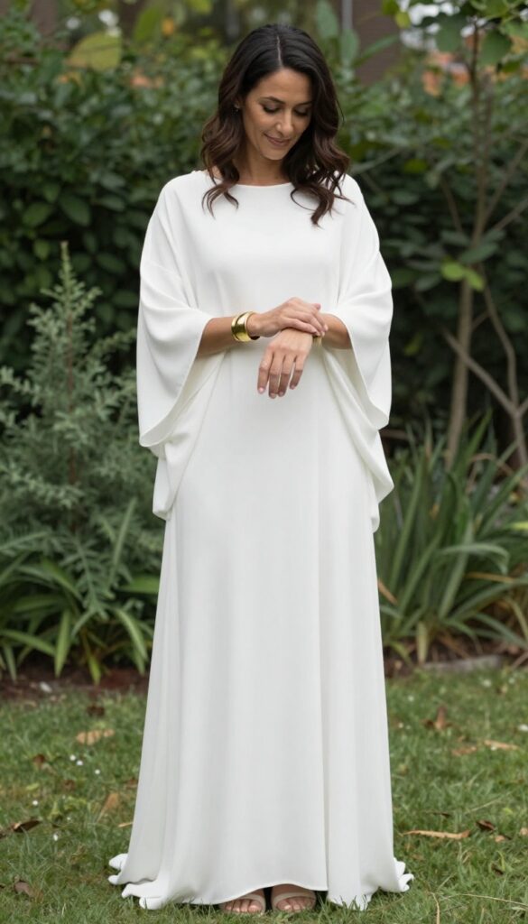 Woman in white kimono sleeve wedding dress with gold cuff bracelet in garden
