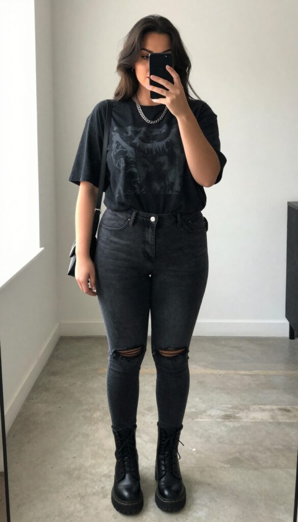 Plus-size woman in oversized band tee and ripped black jeans taking a mirror selfie, wearing combat boots and layered silver necklaces, grunge outfit idea.