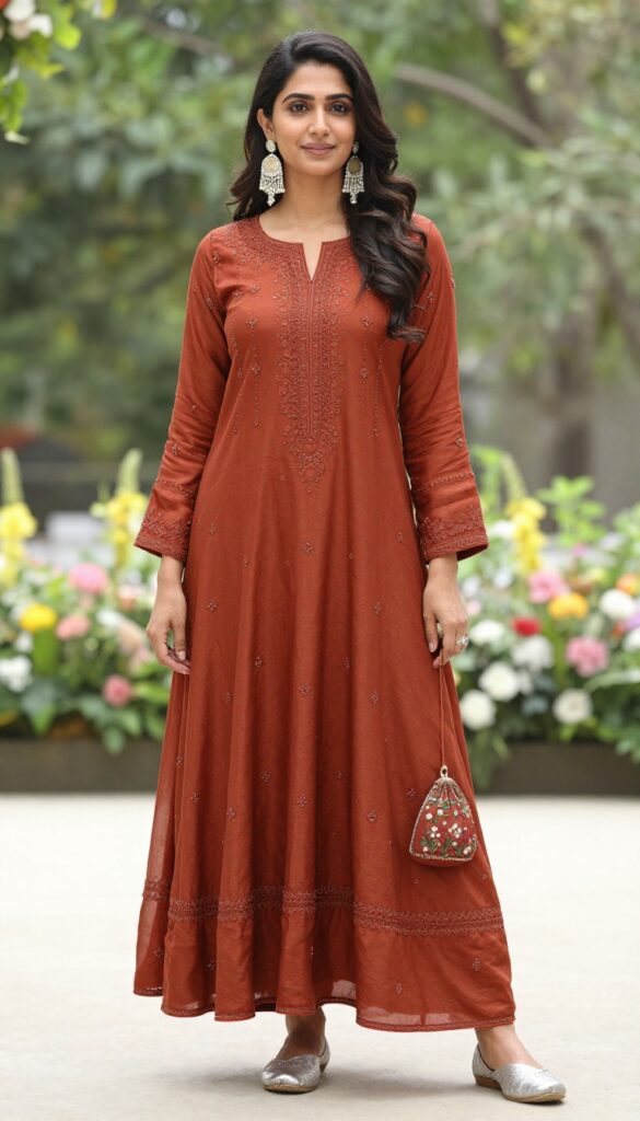 Woman in embroidered rust Anarkali with tassel earrings at daytime wedding