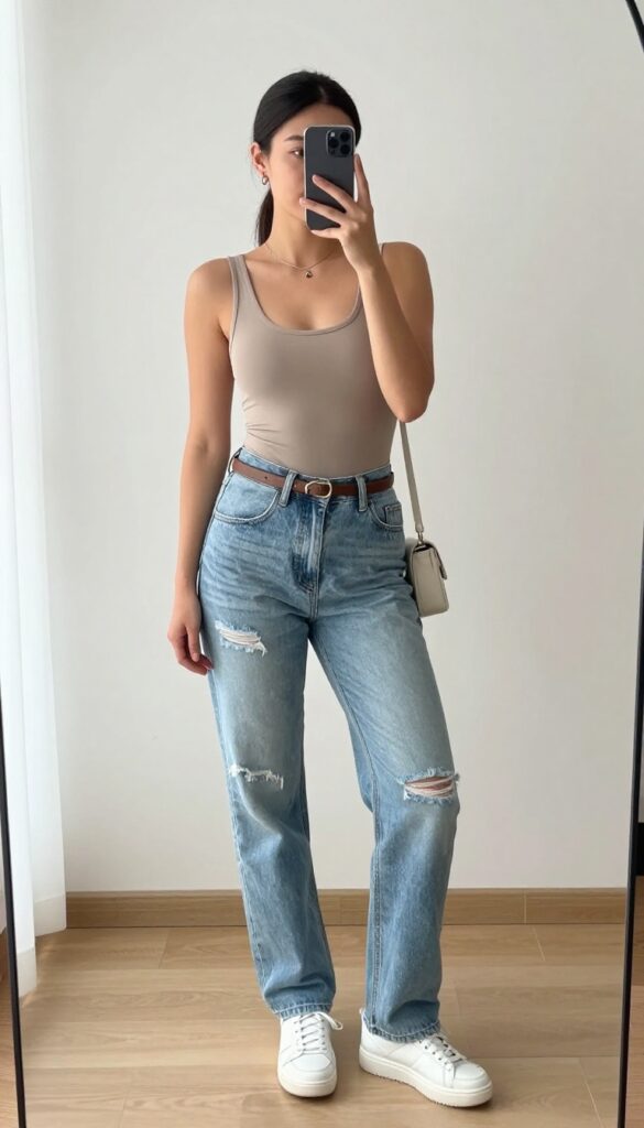 Woman in neutral tank bodysuit and light-wash distressed blue jeans with rips at knees, white chunky sneakers, tan crossbody bag, and thin leather belt, taking a mirror selfie in a bright room with natural light.
