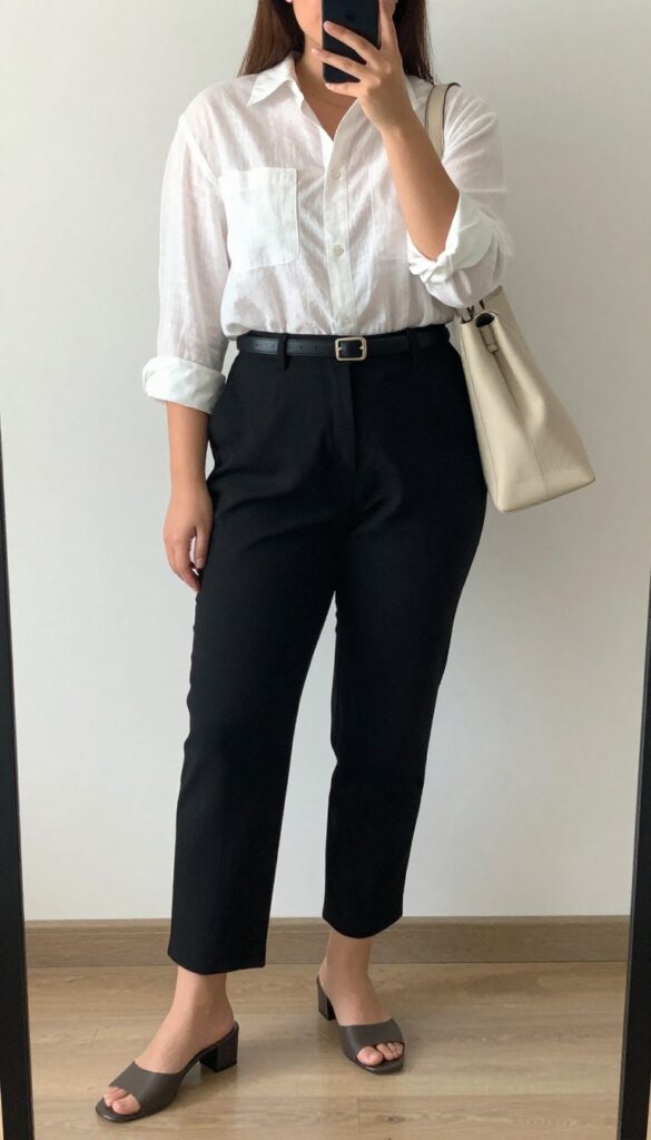 A woman in block heel mules, cropped trousers, and a button-down shirt, standing confidently in a bright office or café.
