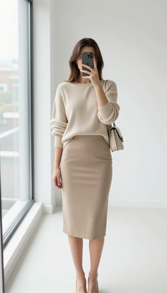 Woman in monochrome beige outfit: ribbed sweater and pencil skirt, taking a mirror selfie in a bright room.