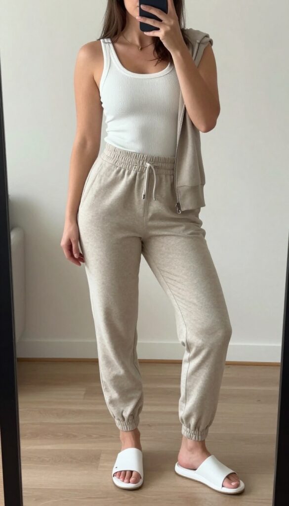 A woman in high-waisted joggers and a fitted tank top takes a mirror selfie, showcasing a casual and practical new mom outfit. She wears neutral tones, sneakers, and a simple watch, with a zip-up hoodie nearby.