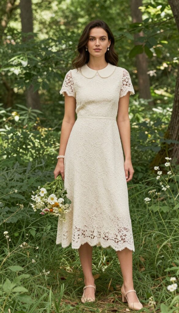 A woman in an ivory tea-length lace dress with a Peter Pan collar stands in a forest clearing, holding a small bouquet, wearing nude Mary Jane heels and a pearl bracelet.