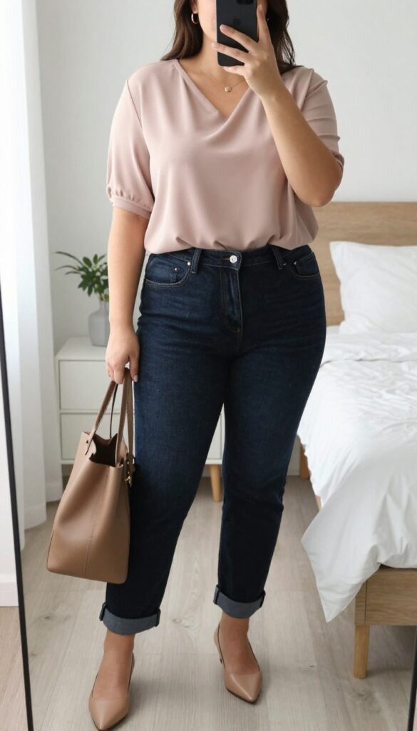 A woman in a muted sage Tencel blouse tucked into dark wide-leg jeans, wearing nude pointed flats and carrying a leather tote, standing in a bright office setting.