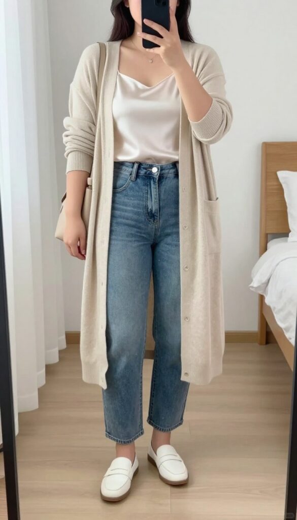 Woman in light wash boyfriend jeans, silk camisole, and long cardigan, posing in a mirror selfie.