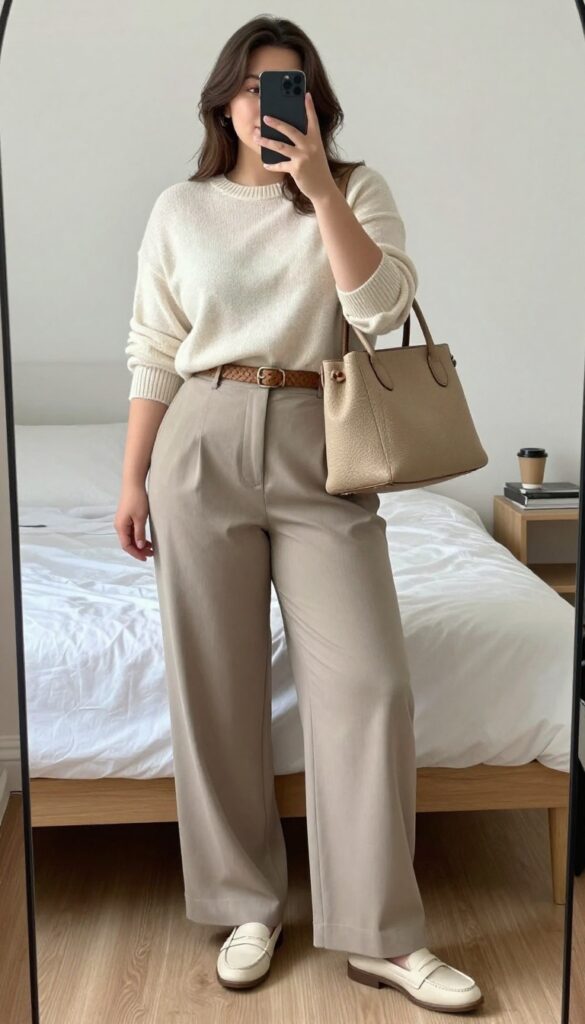 Woman wearing cream loafers, wide-leg trousers, and a soft knit sweater, posing in a mirror selfie.