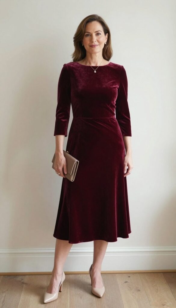 Petite woman over 50 in burgundy velvet fit-and-flare dress with block heels and clutch, elegant indoor setting