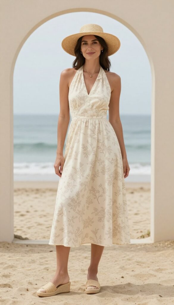 A woman in a cream halter-neck floral midi dress, wide-brim straw hat, and woven wedge espadrilles at a beach wedding.
