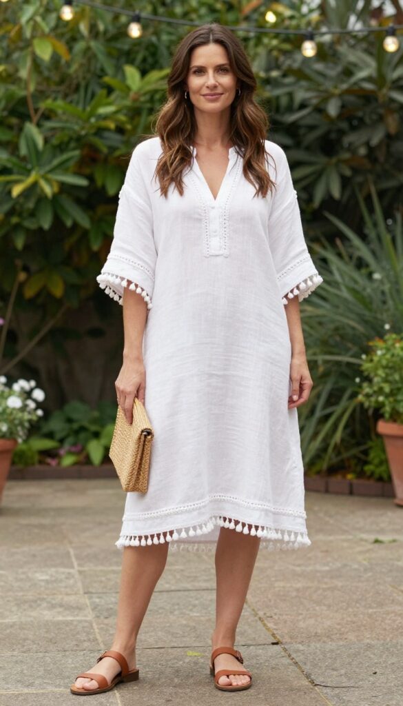 Woman in white linen shift dress with tassel hem, leather sandals, gold hoops, and woven clutch in garden wedding setting.