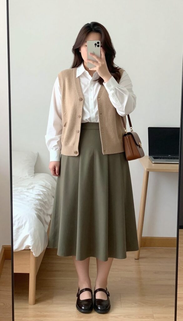 Woman in sweater vest, button-down, and pleated skirt, business casual outfit
