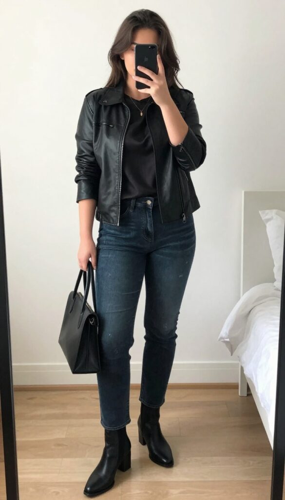 Woman in leather jacket, silk blouse, and subtly ripped dark jeans with block-heel boots, standing in a mirror selfie pose, phone partially covering face.