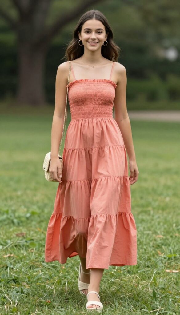 Teen girl in coral tiered smocked dress with espadrille wedges and straw bag at outdoor wedding