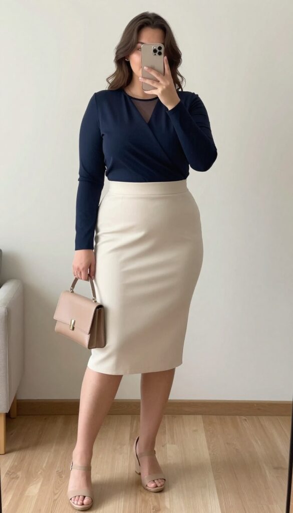 A woman in a navy wrap top and cream A-line skirt poses in wedge sandals, holding a structured clutch.