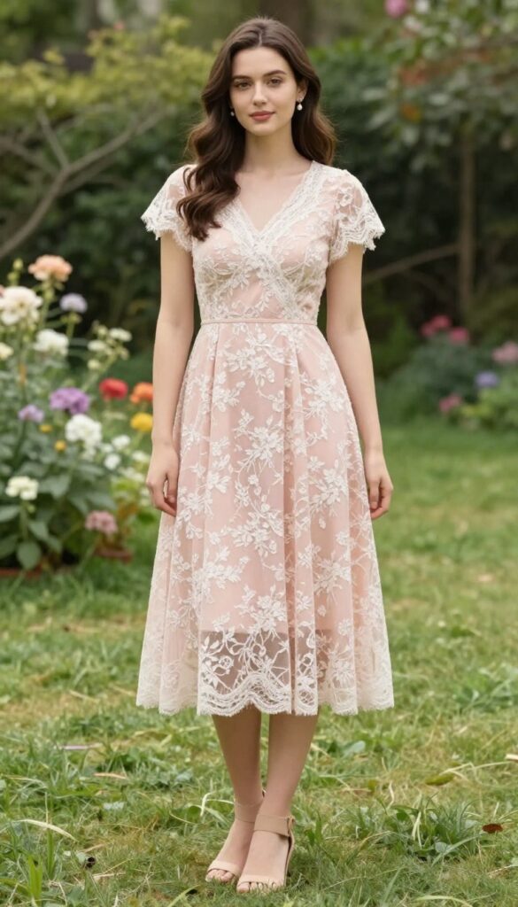 Woman in blush dress with white lace overlay and nude heels in garden