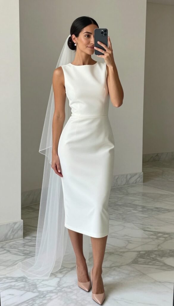 Bride in white sheath dress with fingertip veil, nude pumps, pearl earrings, low bun, standing in bright city hall lobby