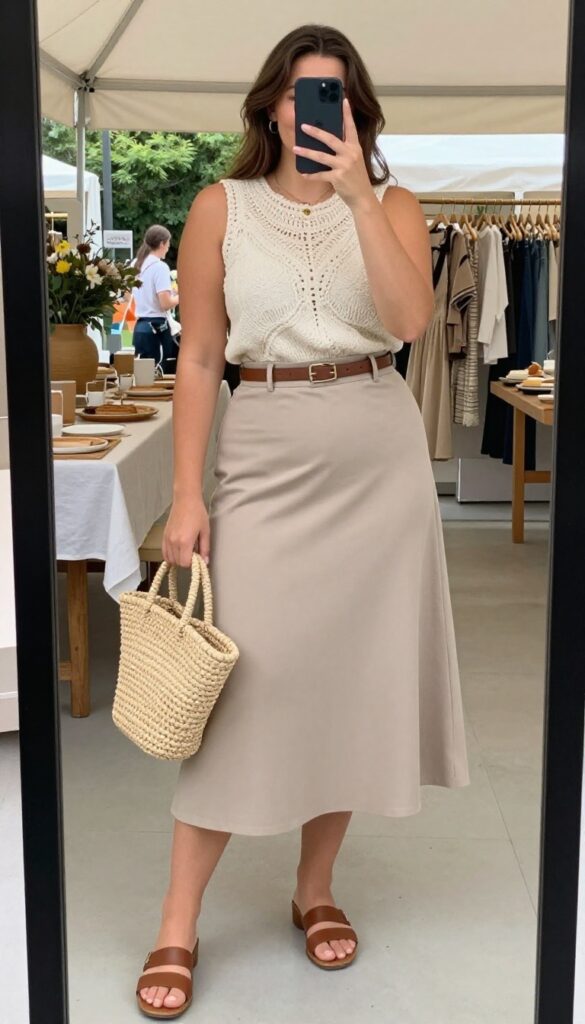 Woman in crochet top and high-waisted skirt with straw bag, boho business casual outfit for coffee events.