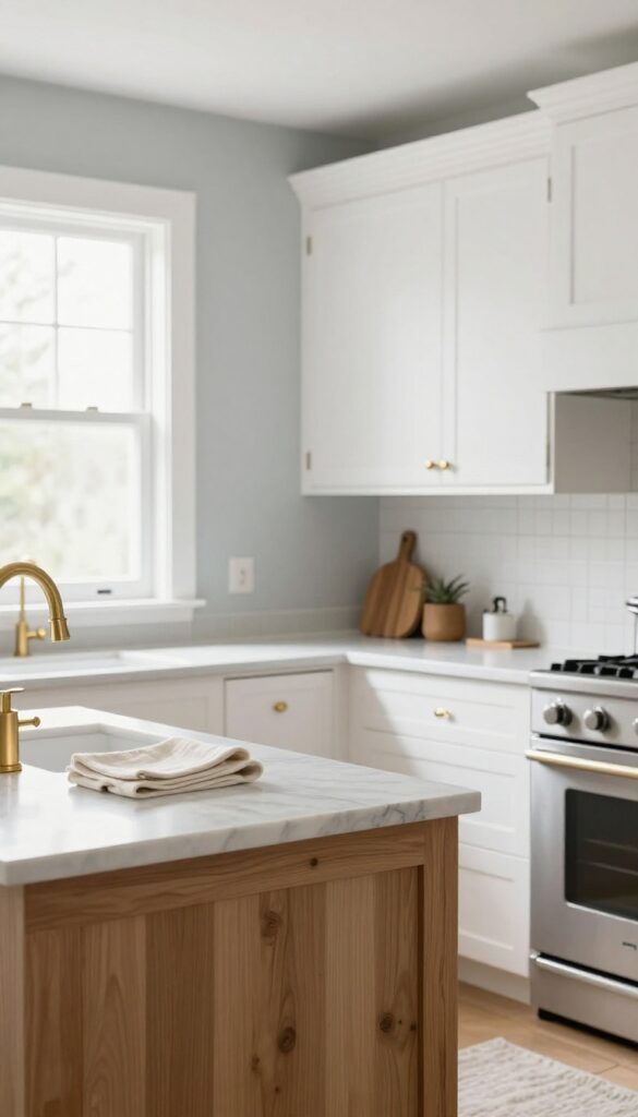 Light gray-blue kitchen walls with white cabinets, stainless steel appliances, warm wood accents, and brass hardware in natural light.