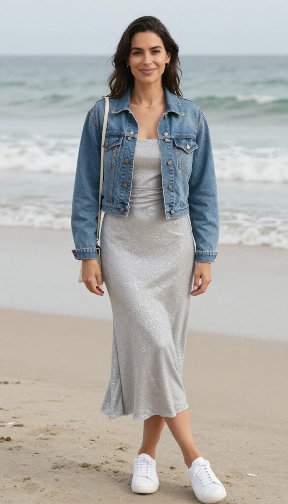 Woman in sparkly midi dress and denim jacket on beach
