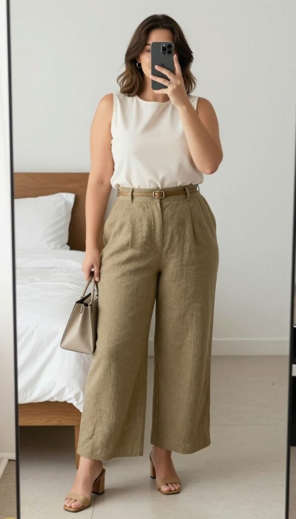 Plus size woman in olive culottes and cream sleeveless blouse with belt, standing in office setting.