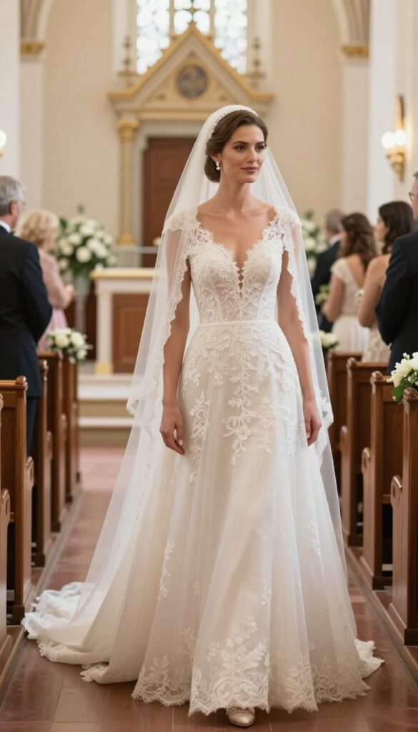 Bride in lace A-line wedding dress with cathedral veil in sunlit chapel