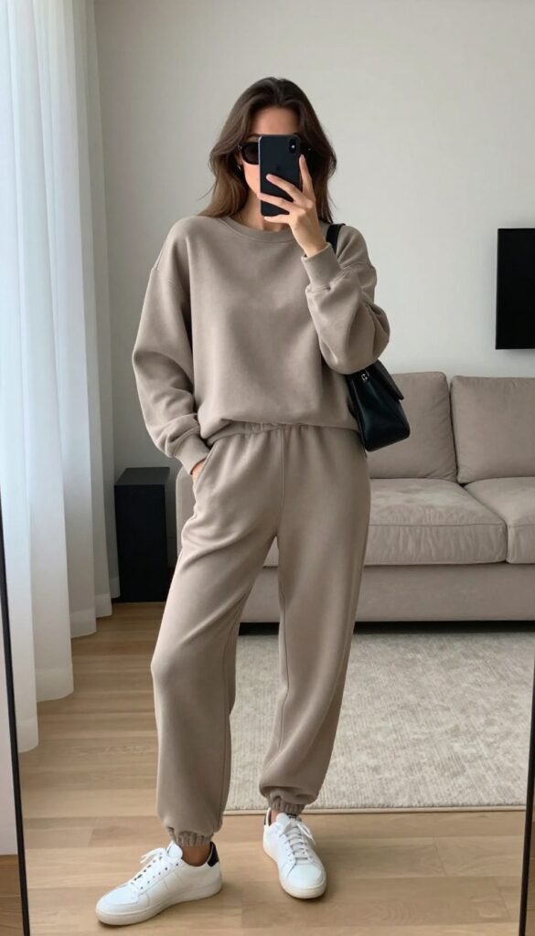 A woman in a matching taupe lounge set takes a mirror selfie, wearing white sneakers, a black crossbody bag, and sunglasses pushed up on her head.