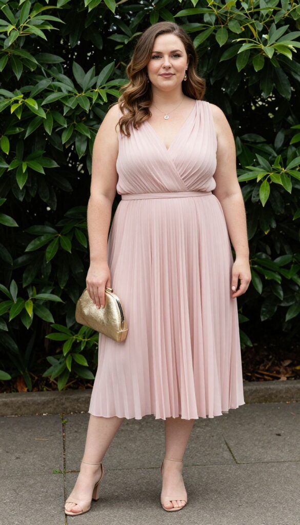 Plus-size woman in soft pink pleated midi dress with gold metallic clutch and nude heels at garden wedding