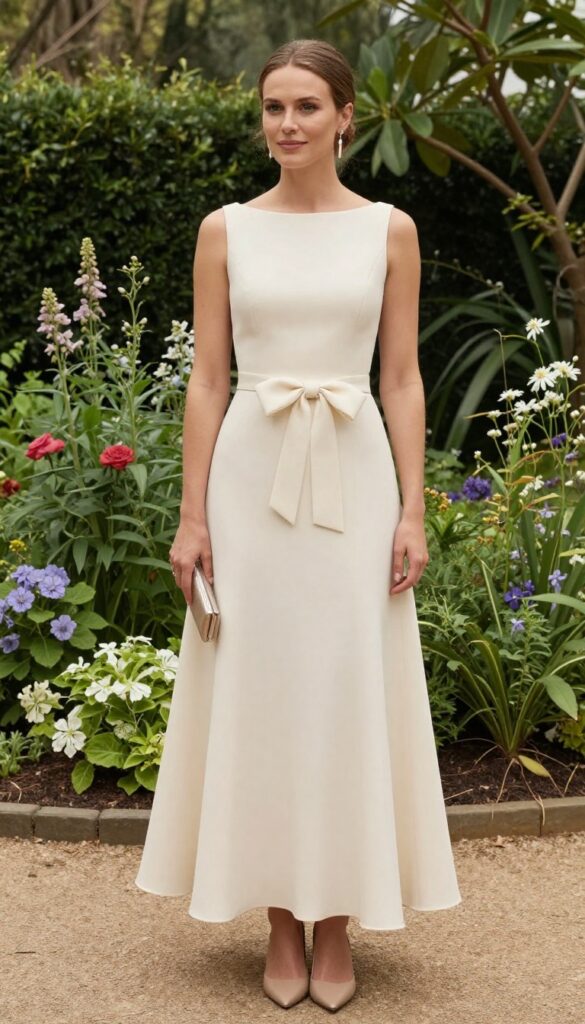 Woman in crepe fit-and-flare wedding dress with waist bow in garden