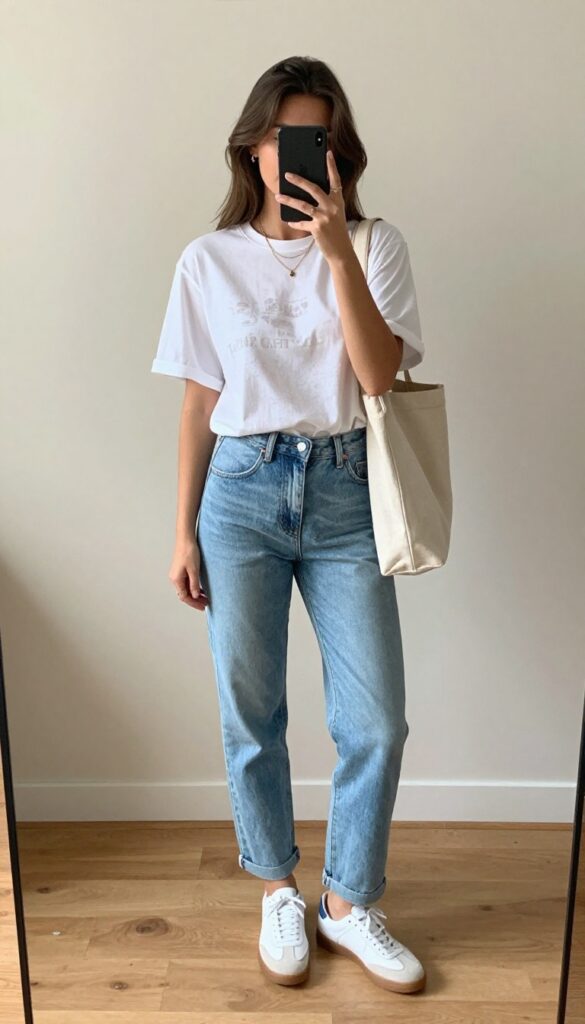 Woman in oversized graphic tee and high-waisted mom jeans taking a mirror selfie, with layered necklaces and a canvas tote bag, in a bright apartment setting.
