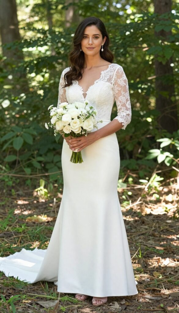 Woman in ivory fit-and-flare lace wedding dress with illusion sleeves in forest