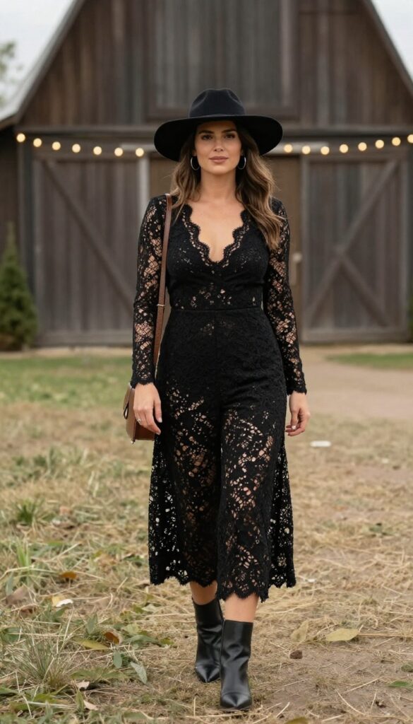 Woman in black lace jumpsuit and wide-brim hat at rustic wedding venue