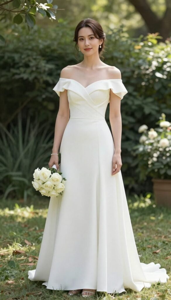 Bride in off-shoulder white wedding dress with detachable ruffled skirt, standing in garden with bouquet, natural smile, dappled light.