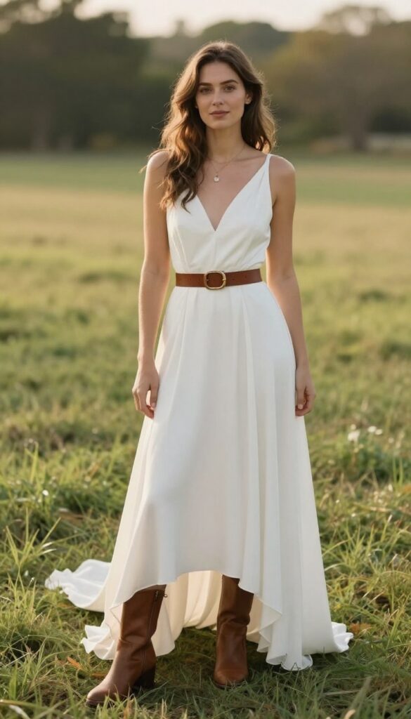 A woman in her late 20s wearing an ivory open back wedding dress with a wide brown leather belt and brown stacked heel ankle boots, standing in a grassy field at golden hour in a rustic outdoor wedding venue.