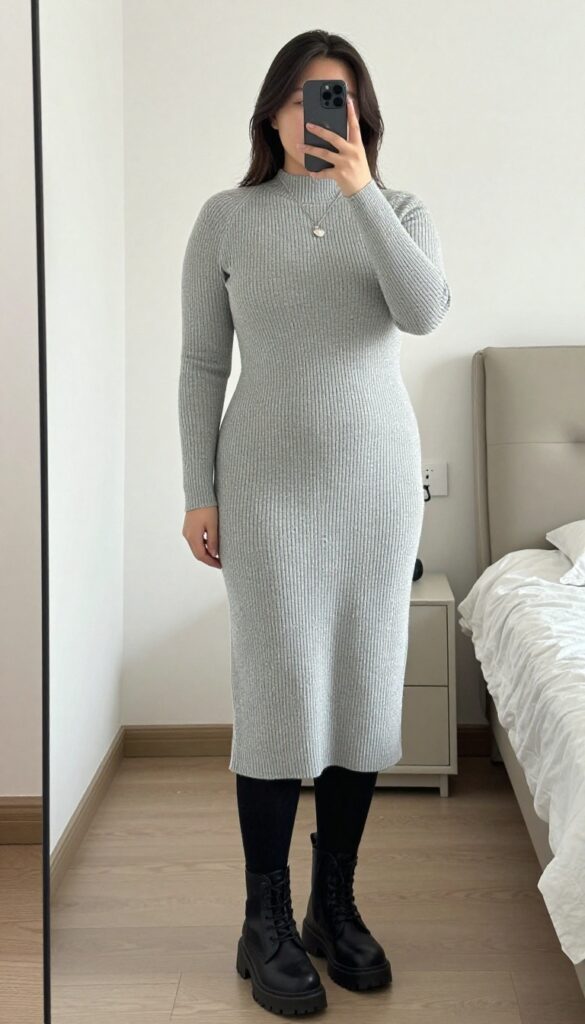 A woman in a light gray ribbed knit dress with black tights and chunky combat boots, standing in a mirror selfie pose, partially covering her face with a phone.