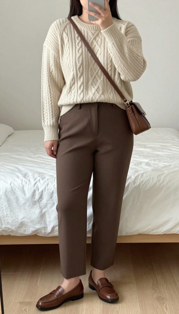 Woman in cream cable knit sweater and brown trousers, front-tucked, with loafers and crossbody bag, in a business casual outfit.