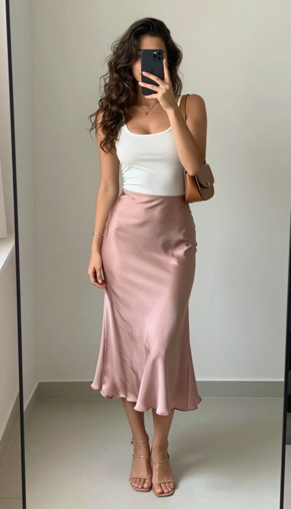 Woman in dusty rose satin midi skirt and white tank top, taking a mirror selfie, elegant yet casual summer date outfit